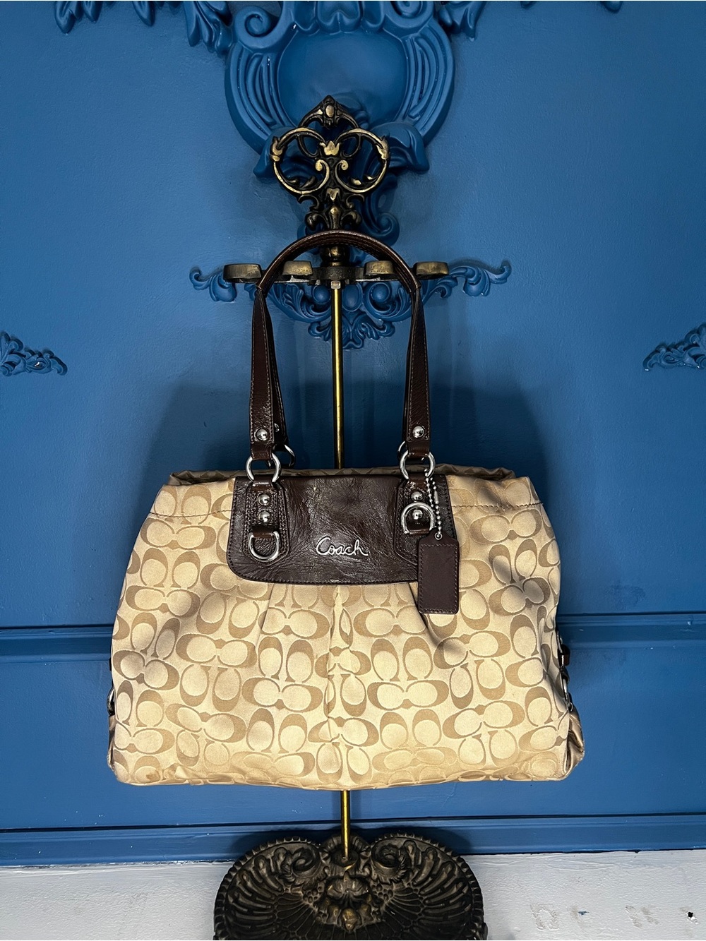 Coach Beige Canvas Tote with Brown Leather Trim